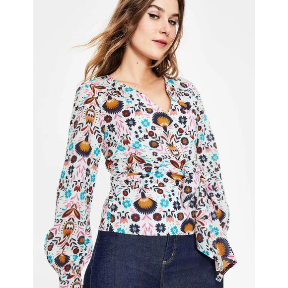 Boden Rosamund Wrap Blouse Womens‎ Size 16R Multicolor Floral Long Sleeves Artsy - Picture 5 of 10